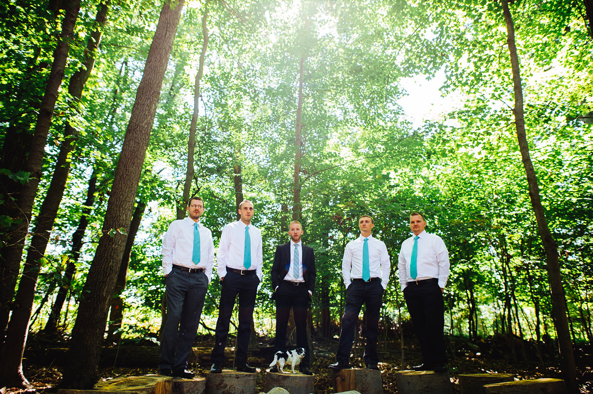 groomsmen portrait in woods with chihuaha
