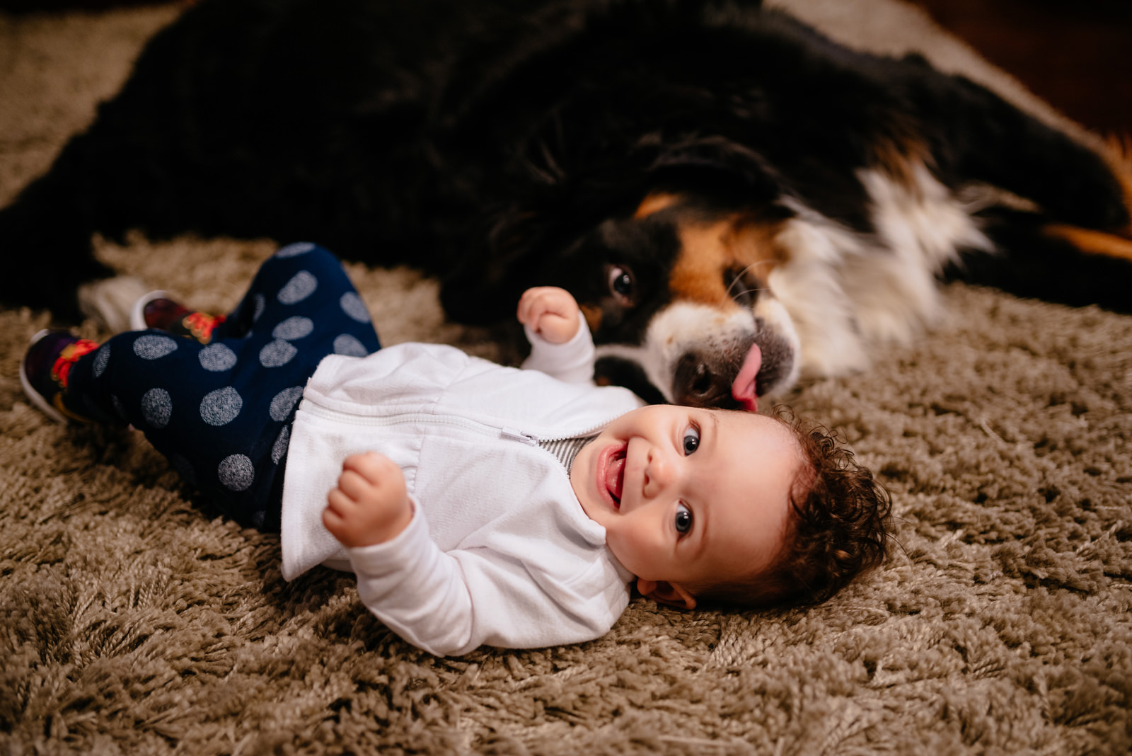 happy baby with dog