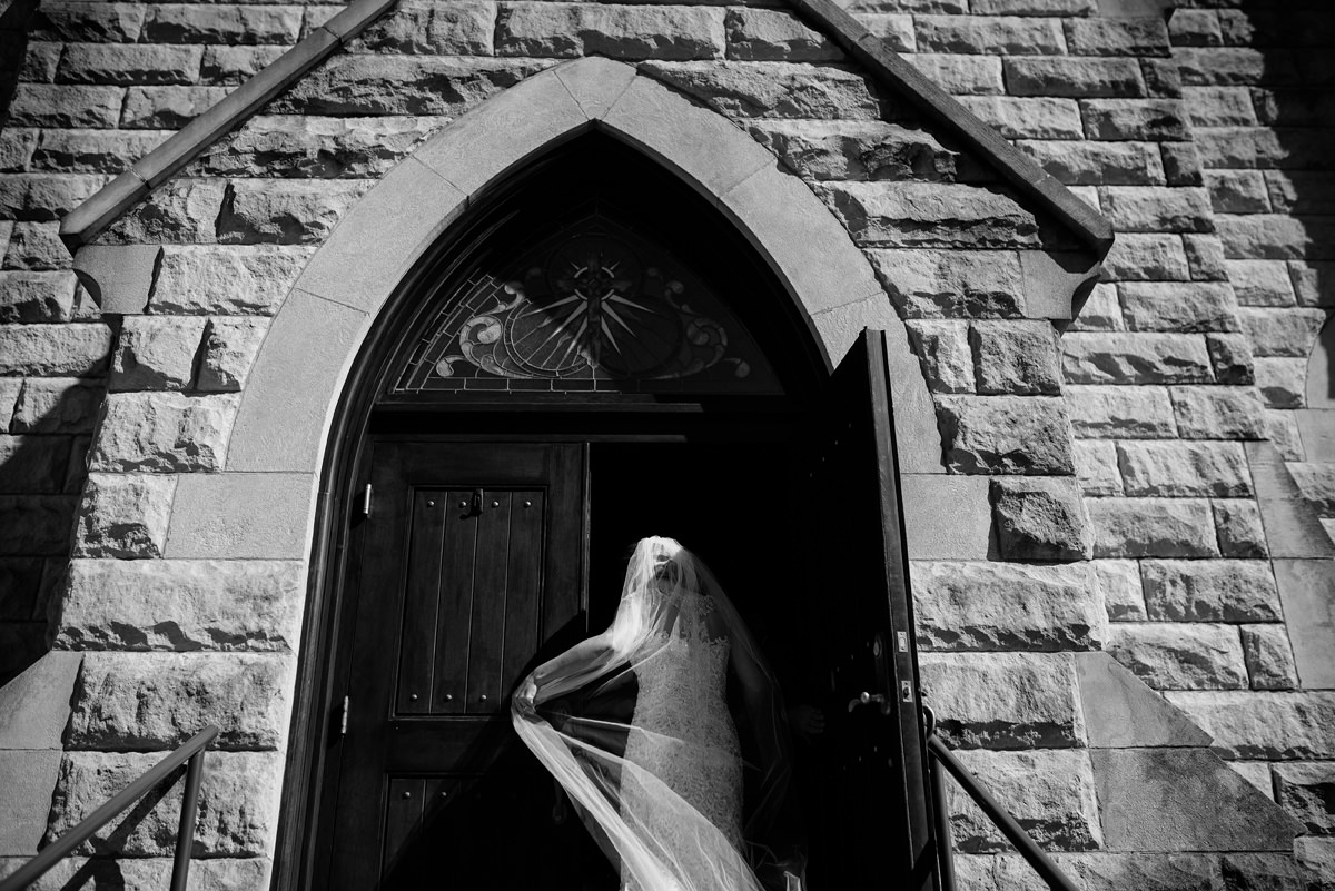wv winter wedding bride entering church