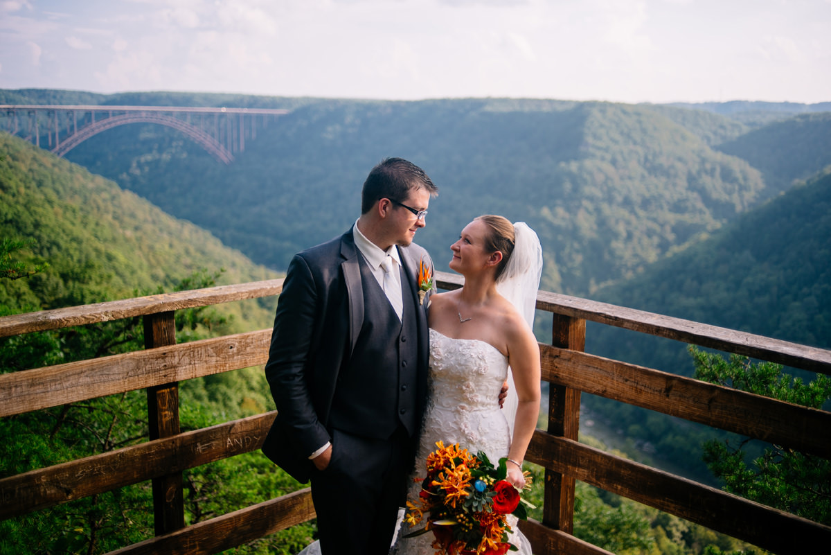 bride and groom with new river gorge bridge