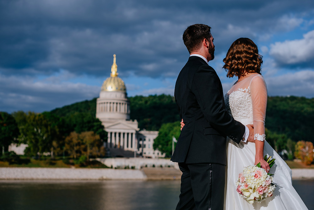 bride and groom overlook wv state capitol gold dome