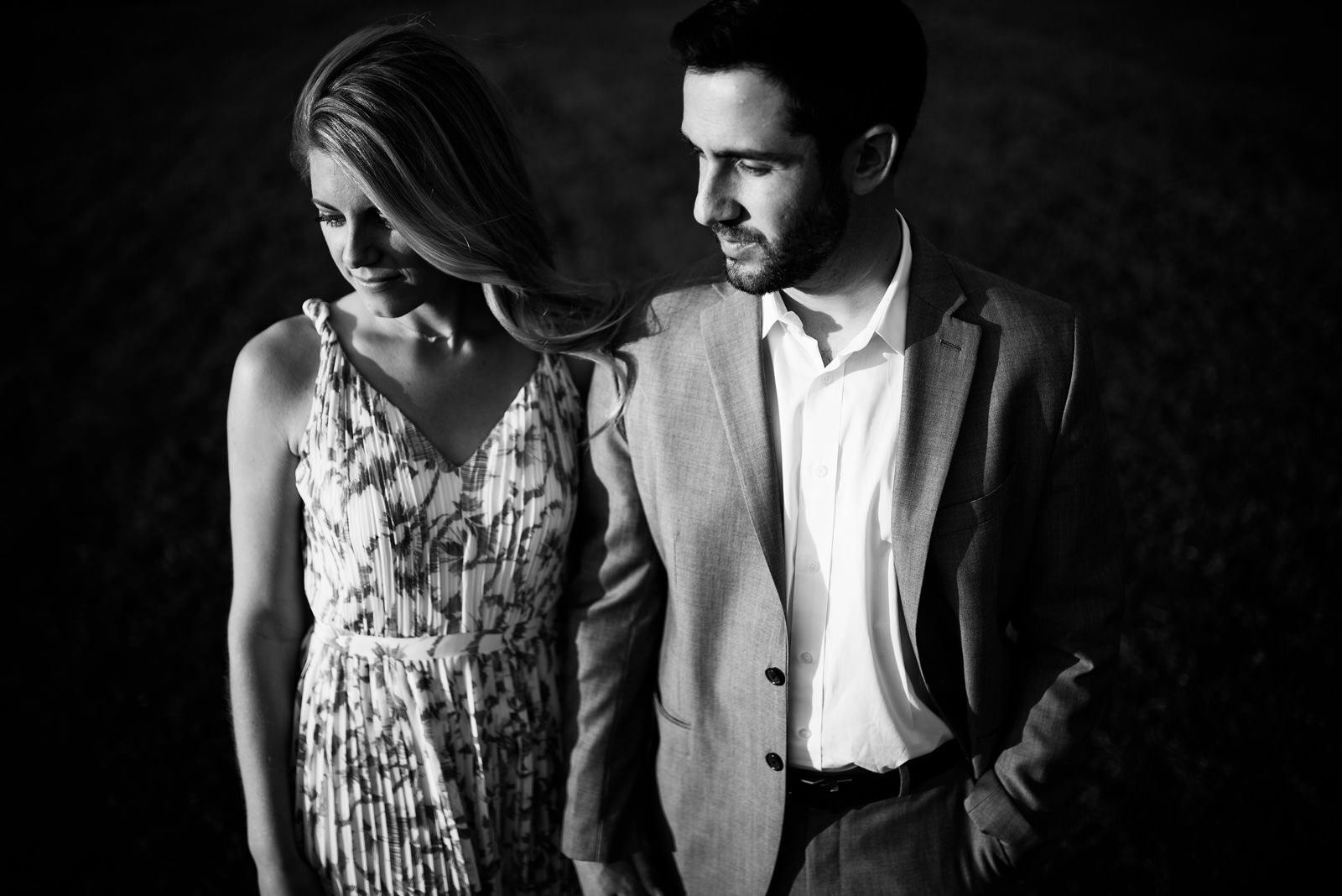 moody black and white engagement portrait