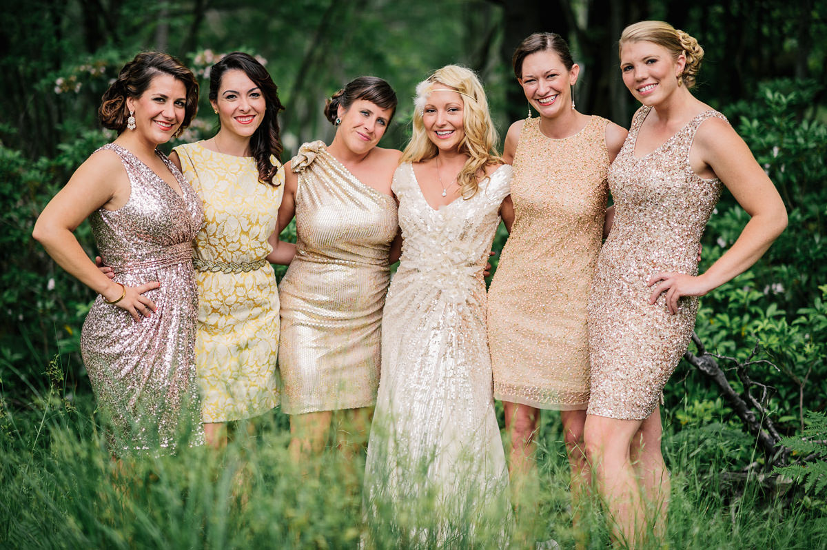 bridesmaids in different sequin dresses
