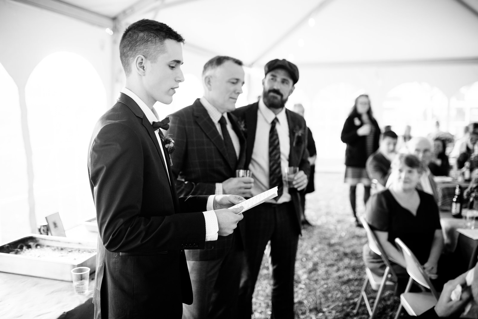 grooms son giving reception toast same sex wv farm wedding