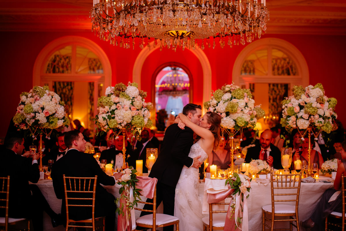 bride and groom embrace during wedding reception at the greenbrier resort