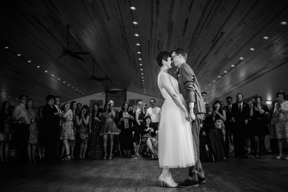 sweet bride and groom first dance at camp muffly