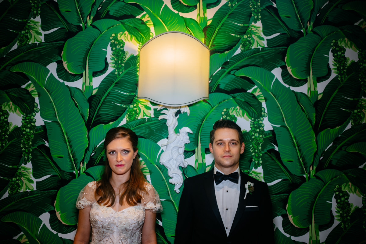 bride and groom portrait at the greenbrier dorothy draper wallpaper