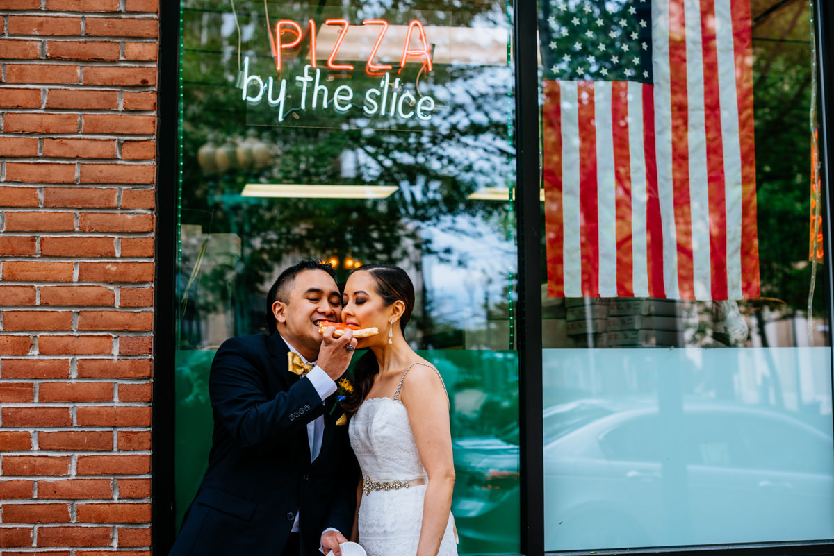 bride and groom eat grazianos pizza charleston wv wedding