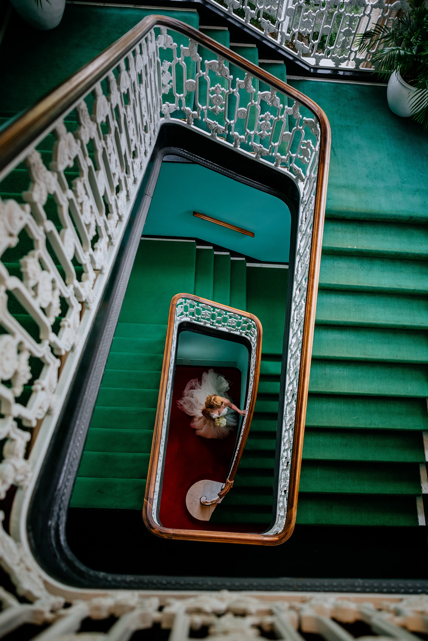 bride on staircase at the greenbrier