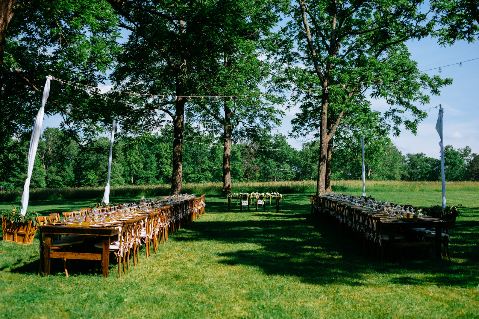 outdoor wedding reception details long tables gaines estate fayetteville wv wedding