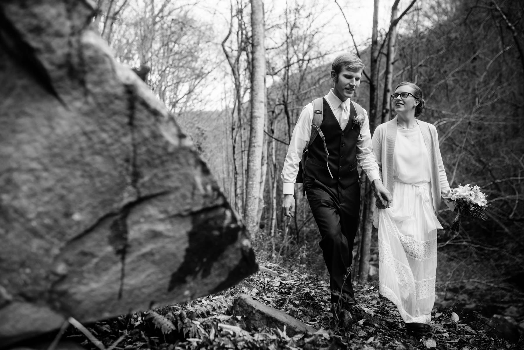 bride groom hiking during elopement