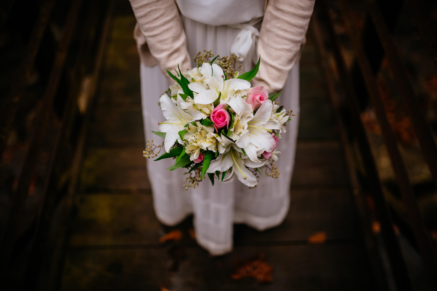 bridal bouquet on bridge