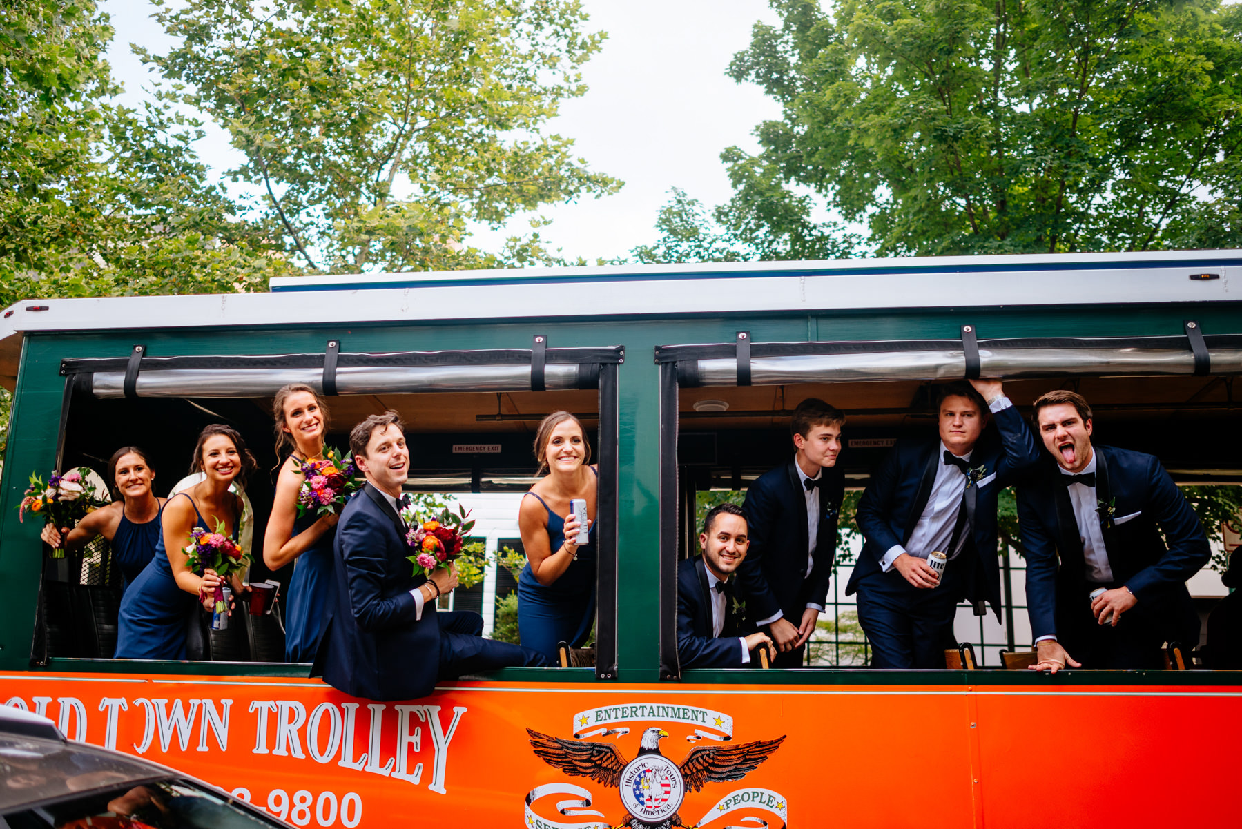 wedding party on trolley