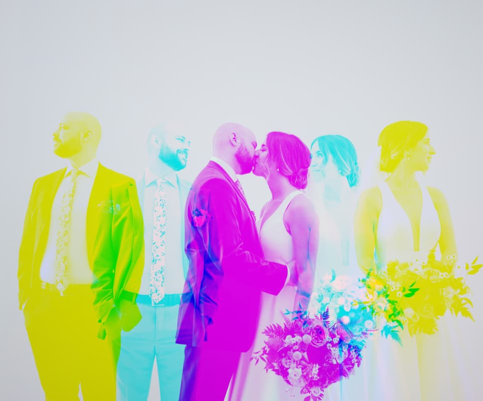 A creatively edited image of a wedding party with a color gradient overlay.