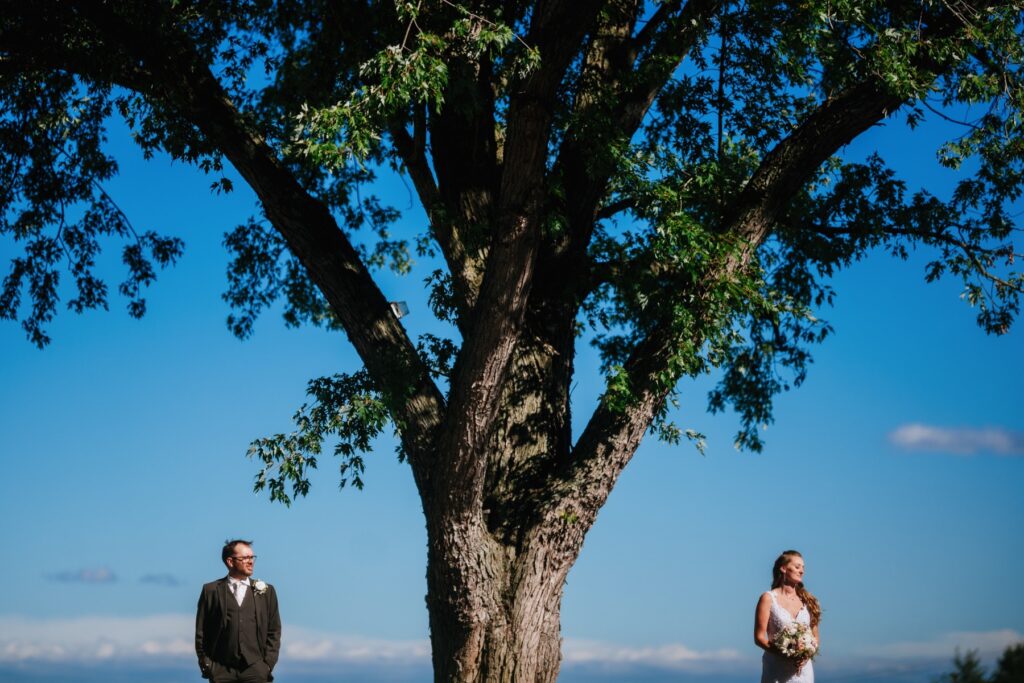 bride and groom underneath large tree at batten green wedding venue