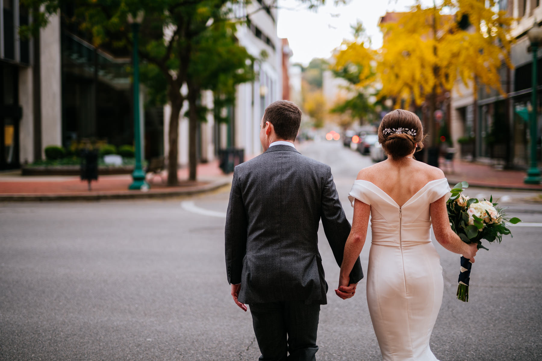 bride and groom walking downtown charleston wv