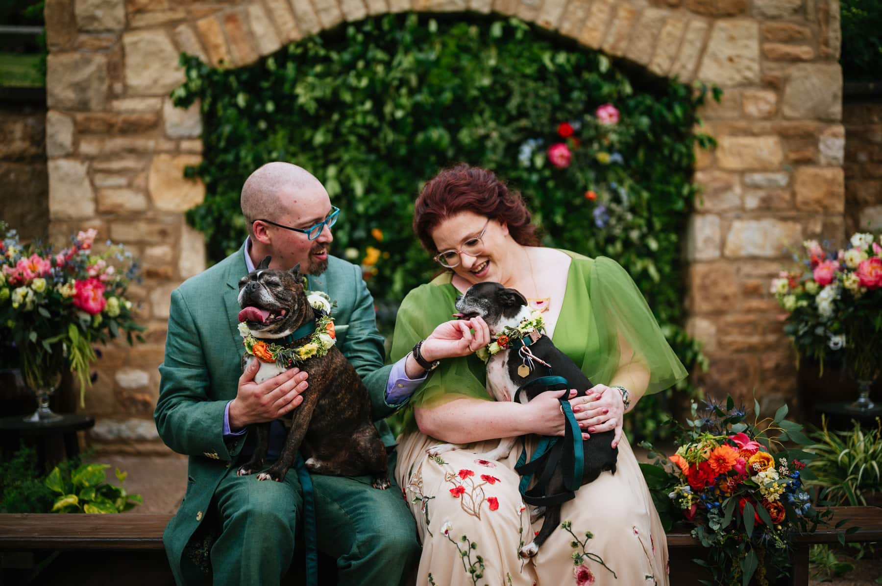 bride and groom petting their dogs